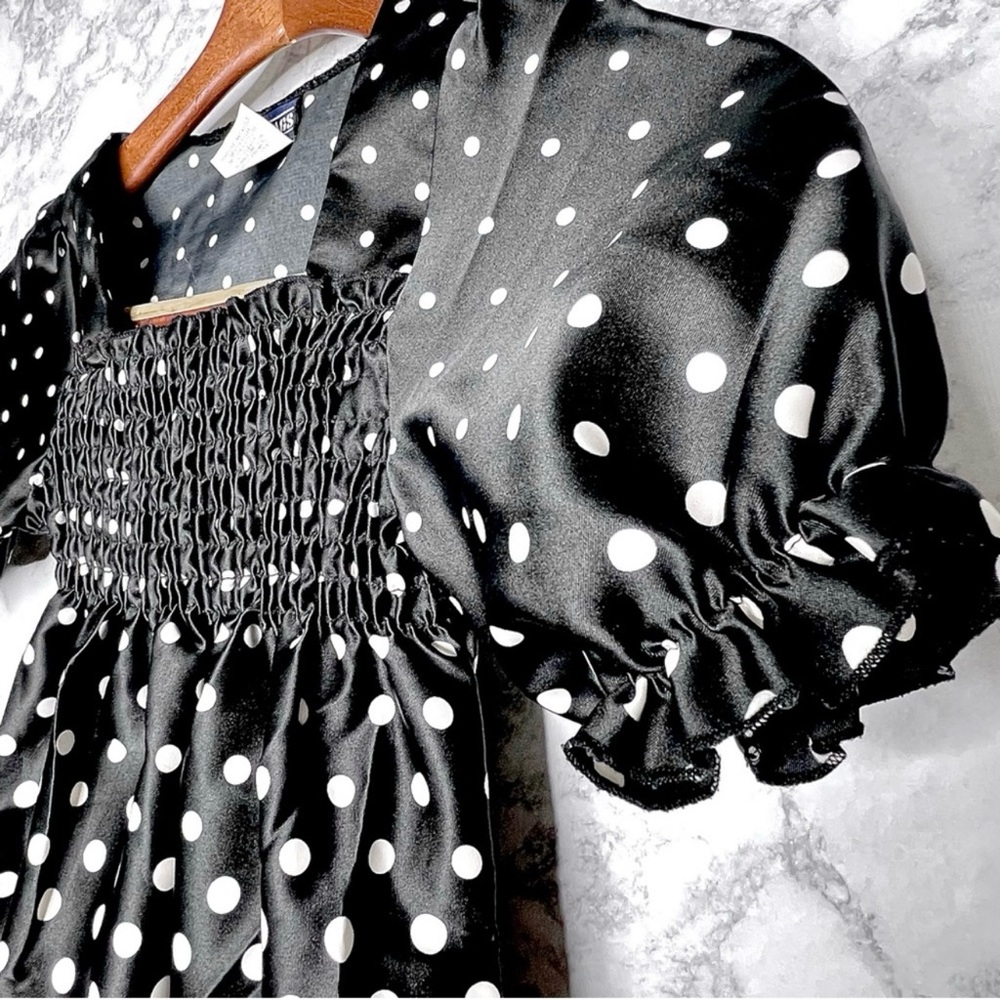 ID Tags Girls 90s Polka Dot Smocked Black & White Puff Sleeve Blouse Size Large - Picture 4 of 6